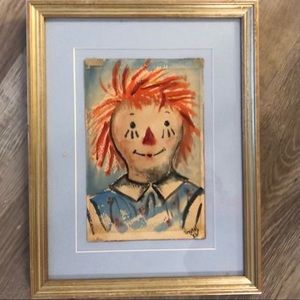 Original Vintage outsider pastel paint framed Raggedy Andy 12”x15” 1950s EUC